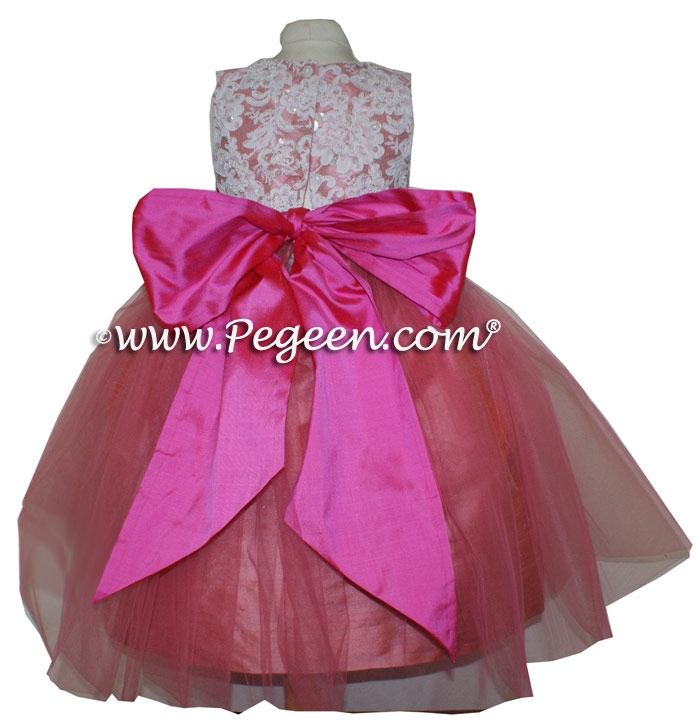 CORAL ROSE AND SHOCK PINK ALONCON LACE CUSTOM FLOWER GIRL DRESSES WITH TULLE