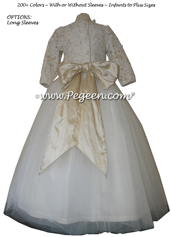 Bisque ALONCON LACE CUSTOM FLOWER GIRL DRESSES WITH TULLE