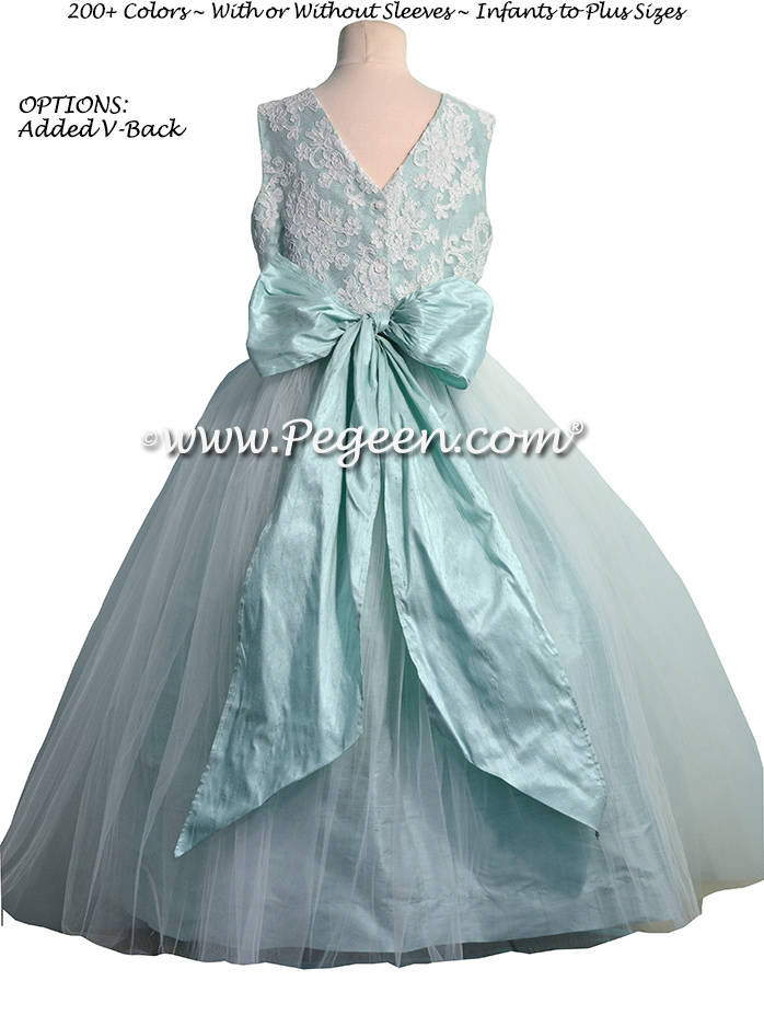 Aqua Silk and Aloncon Lace Tulle Flower Girl Dresses | Pegeen