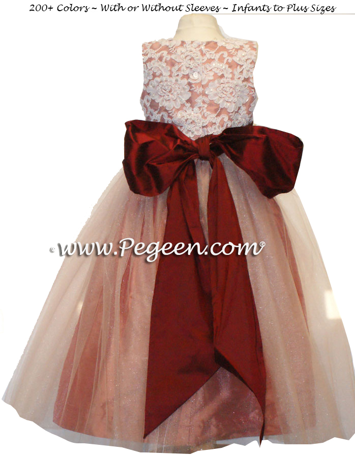SALMON FLAME AND CRANBERRY ALONCON LACE CUSTOM FLOWER GIRL DRESSES WITH TULLE