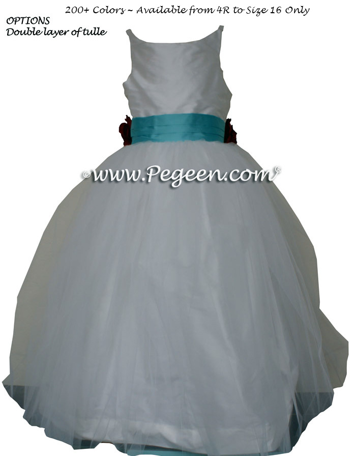 Tulle Jr Bridesmaids Dress in White and Tiffany Blue Style 424 | Pegeen