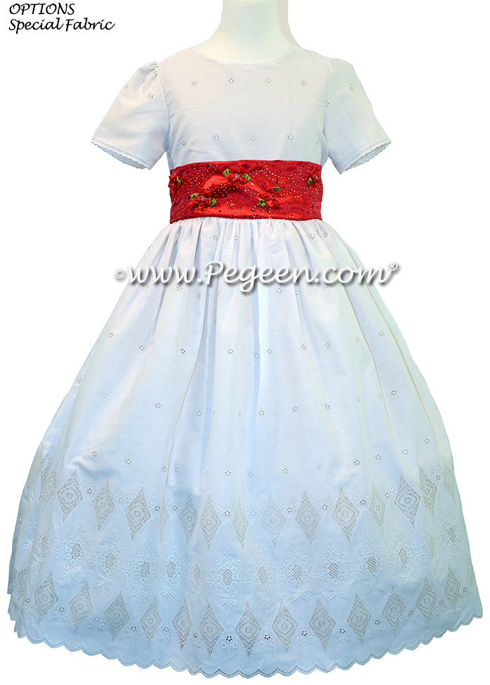 Christmas Red and Creme Embroidered Swiss Cotton CUSTOM FLOWER GIRL DRESSES