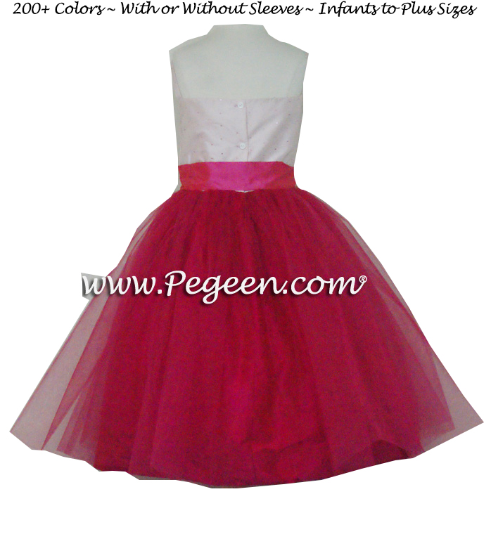 Raspberry and peony pink silk with raspberry layers of tulle flower girl dress