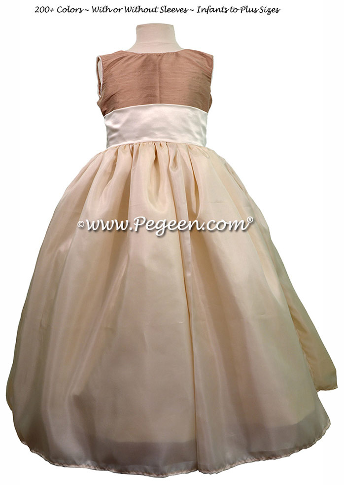 Antigua Taupe Dupione and Buttercream Charmeuse flower girl dresses