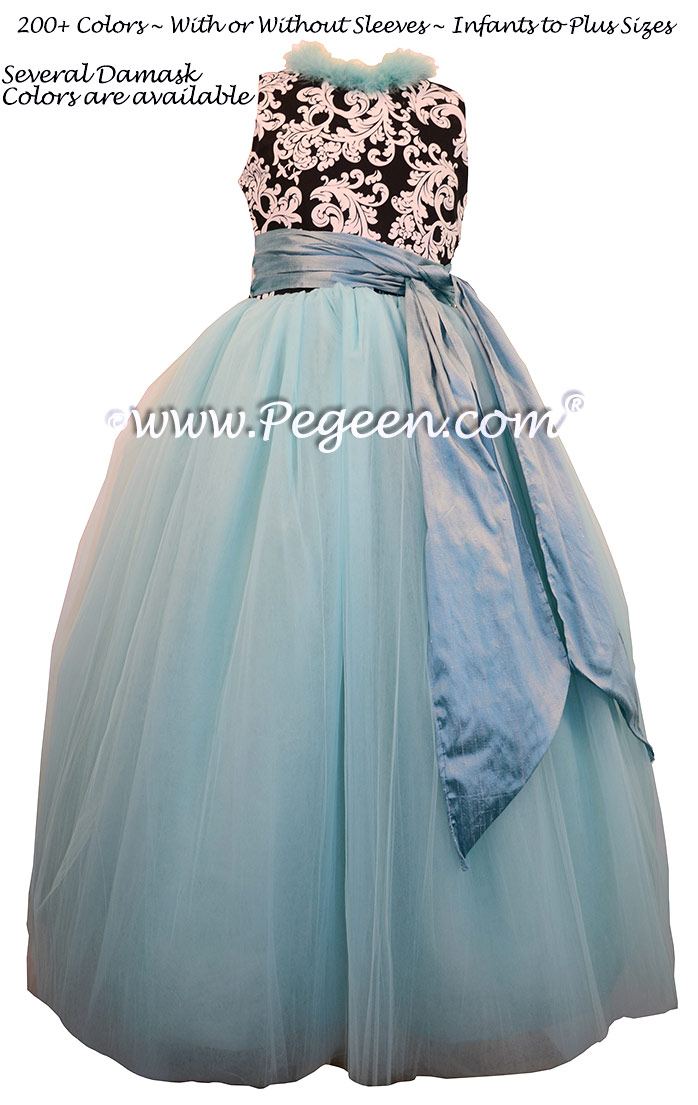 Flower Girl Dresses in Tiffany Blue Custom Tulle Black and White Damask