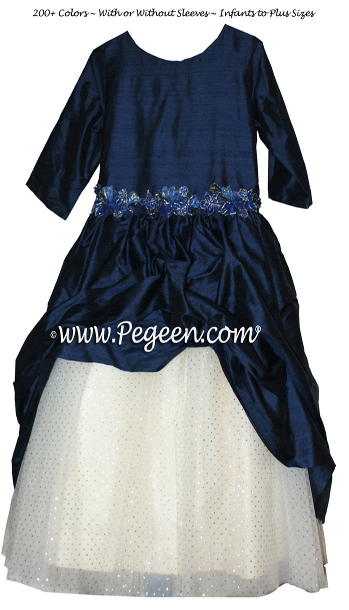 Jr. Bridesmaids dresses with a New Ivory tulle skirt and Navy Silk Overskirt with 3/4 Sleeves Jr. Bridesmaids dresses with a New Ivory tulle skirt and Navy Silk Overskirt with 3/4 Sleeves