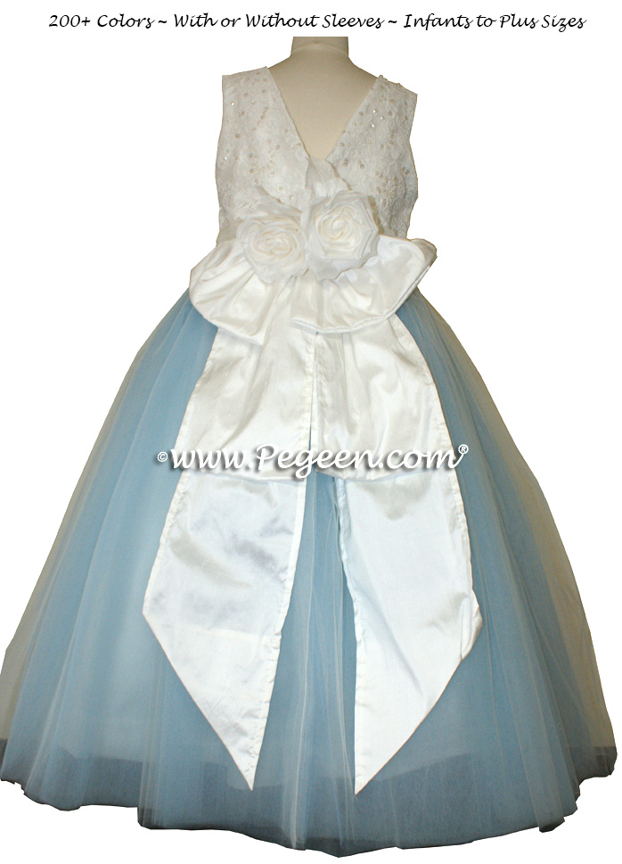 Antique white and Baby Blue Aloncon Lace Flower Girl Dresses with layers of tulle