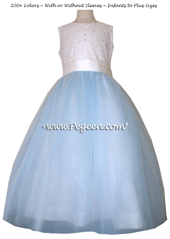 Flower Girl Dress with Tulle in White and Baby Blue with Aloncon Lace | Pegeen