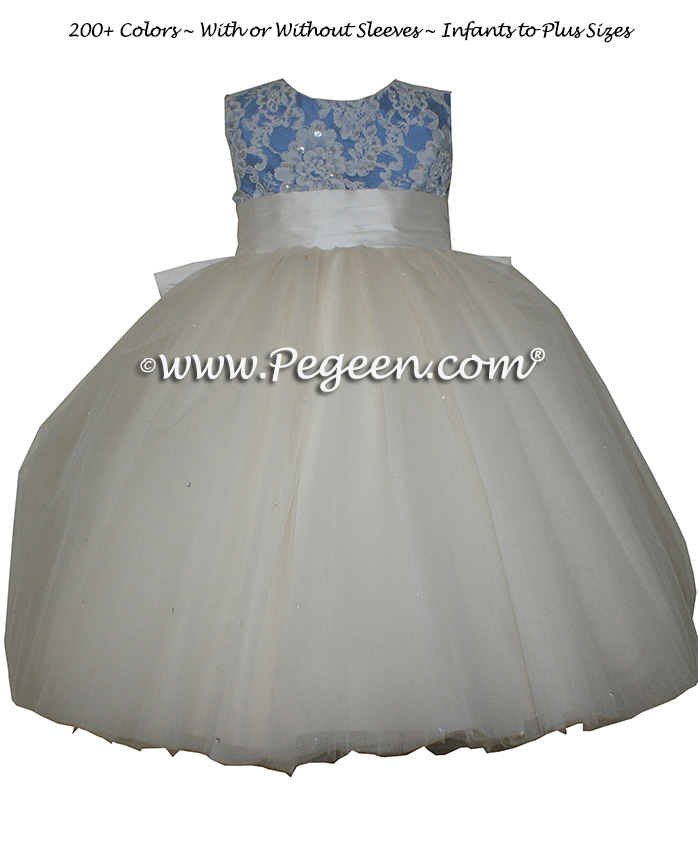 Flower Girl Dress with tulle and Beaded Aloncon Lace Style 697 in Blue | Pegeen