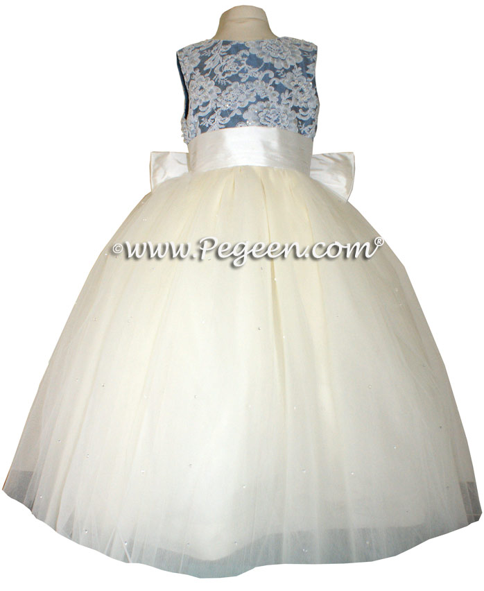 New Ivory and Storm Blue Flower Girl Dresses with layers of tulle and Beaded Aloncon Lace