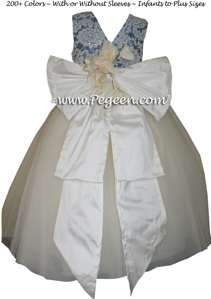 New Ivory and Storm Blue Flower Girl Dresses with layers of tulle and Beaded Aloncon Lace