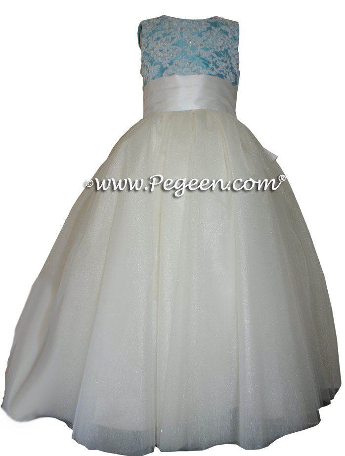 Tiffany Blue ballerina style custom flower girl dress with layers of tulle