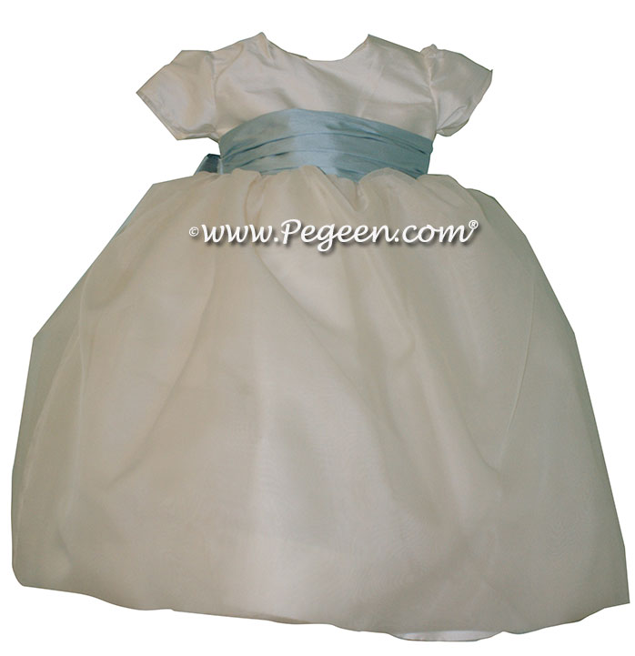 Spa Blue and New Ivory organza infant flower girl dress