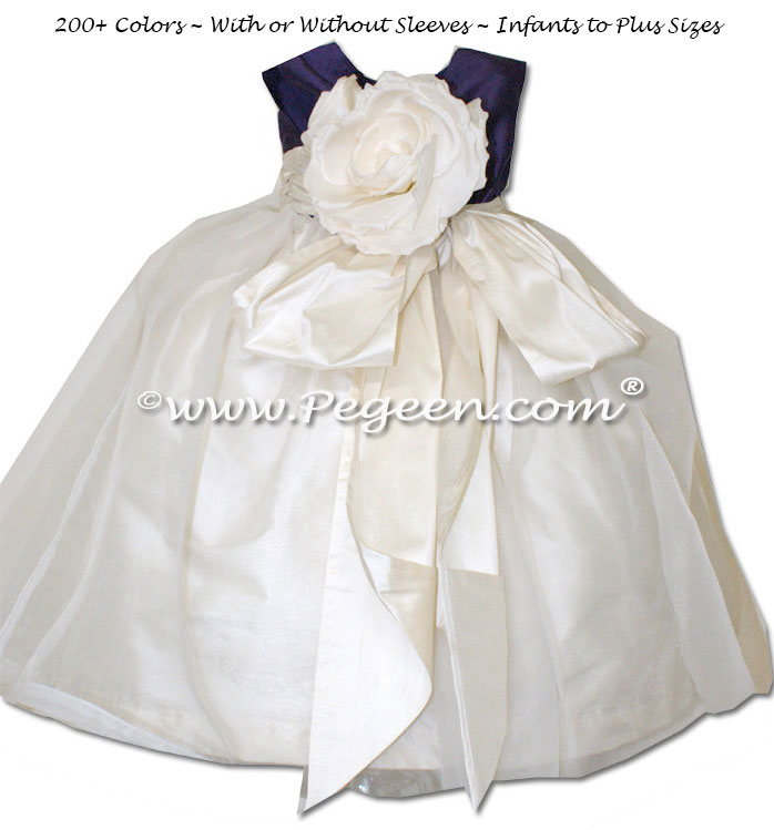 Flower girl dress in Deep Plum and Bisque organza with organza