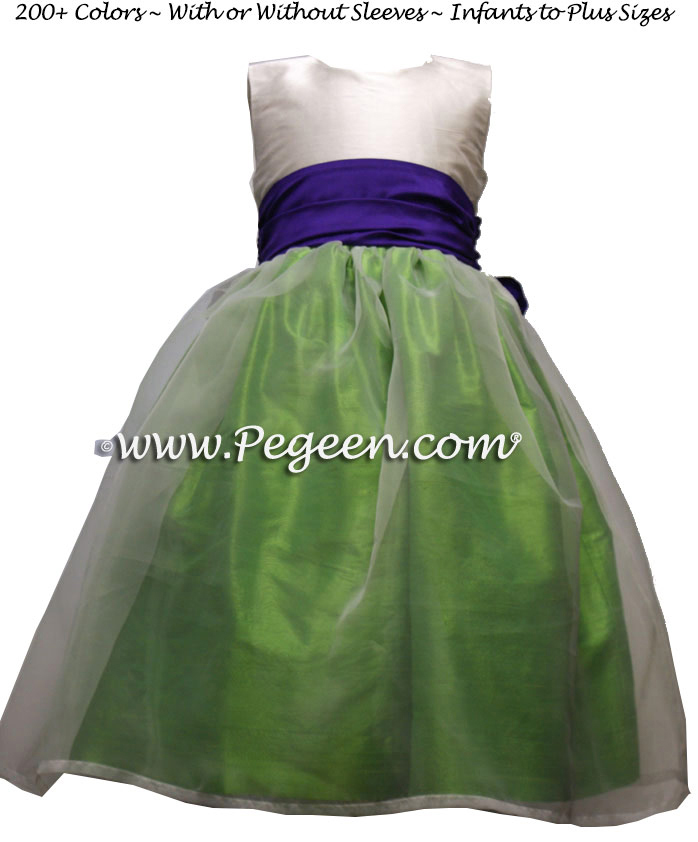 Key Lime and Purple Heart and white organza toddler flower girl dress