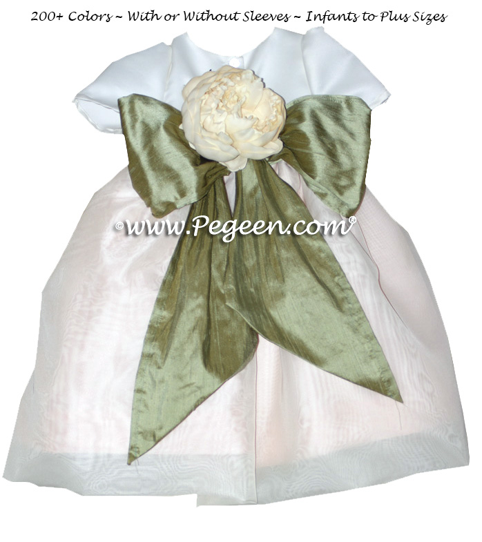 Flower girl dress in Ivory, Wheat (Light Gold) and Sage Green with organza