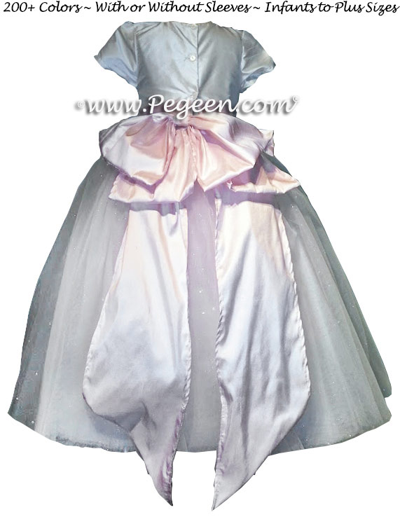 Cotillion or Couture Sapphire Sleeping Beauty Fairy Flower Girl Dress w/Tulle, pink Cinderella bow, and sparkle tulle with monogram