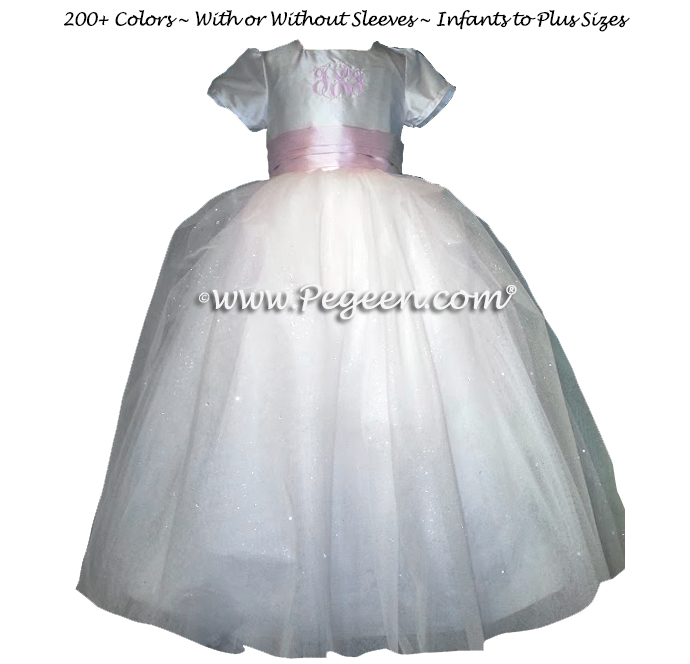 Cotillion or Couture Sapphire Sleeping Beauty Fairy Flower Girl Dress w/Tulle, pink Cinderella bow, and sparkle tulle with monogram