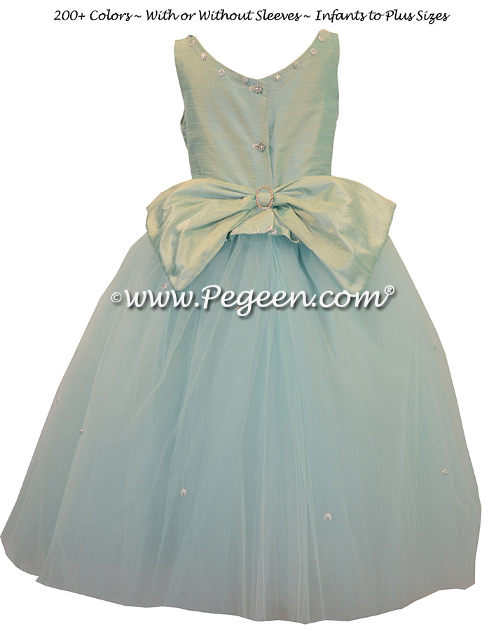 Cotillion or Couture Opal Fairy Flower Girl Dress w/Tulle, Pearled Silk Trellis, and sparkle tulle with cinderella sash