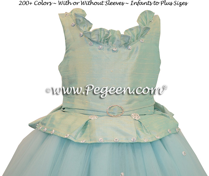 Cotillion or Couture Opal Fairy Flower Girl Dress w/Tulle, Pearled Silk Trellis, and sparkle tulle with cinderella sash