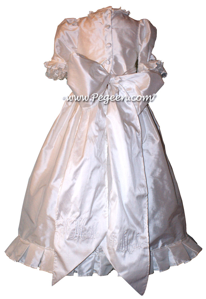 Antique White silk First Communion style dresses with Gore Skirt and Lace Trim