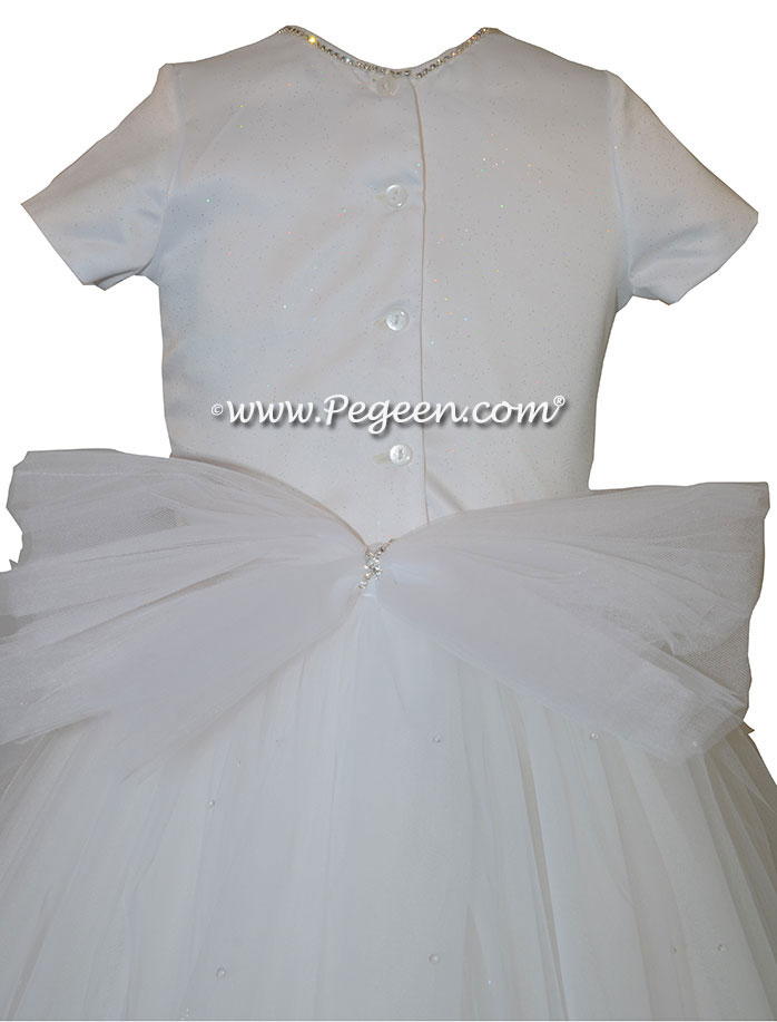 Cotillion or Couture Jr. Bridesmaids Dress w/Tulle, Pearled Silk Trellis, SWAROVSKI Crystals on bodice and Rhinestone Straps
