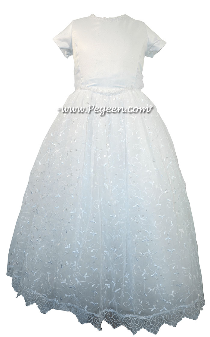 Cotillion or Couture First Communion Dress w/Organza Embroidery, Sequins, Satin Bodice and tiny sequined trim