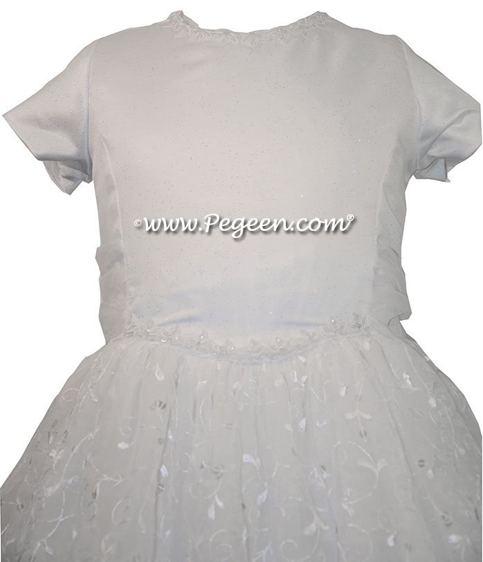 Cotillion or Couture First Communion Dress w/Organza Embroidery, Sequins, Satin Bodice and tiny sequined trim