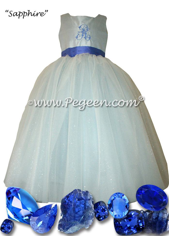 Flower Girl Dress with Floral Monogram Fairytale Dress in Blue  | Pegeen