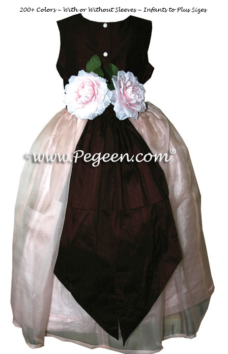 Petal Pink Flower Girl Dresses Style 313 in chocolate and pink silk and organza