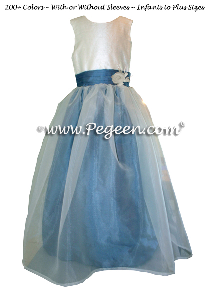 Hydrangea Blue, New Ivory with Ivory Organza Flower Girl Dresses Style 359