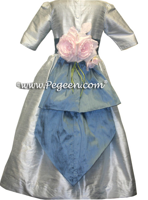 French blue and platinum silk custom flower girl dresses with 3/4 sleeve