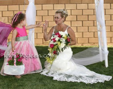 Hot Shock Pink and Celadon Flower Girl Dresses Style 394