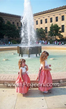 Coral rose and taupe silk FLOWER GIRL DRESSES