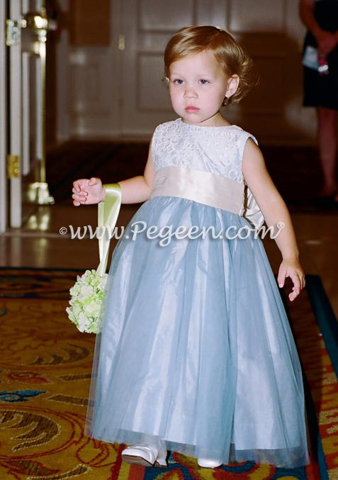 Flower Girl Dress in Cloud Blue Silk and Aloncon Lace | Pegeen