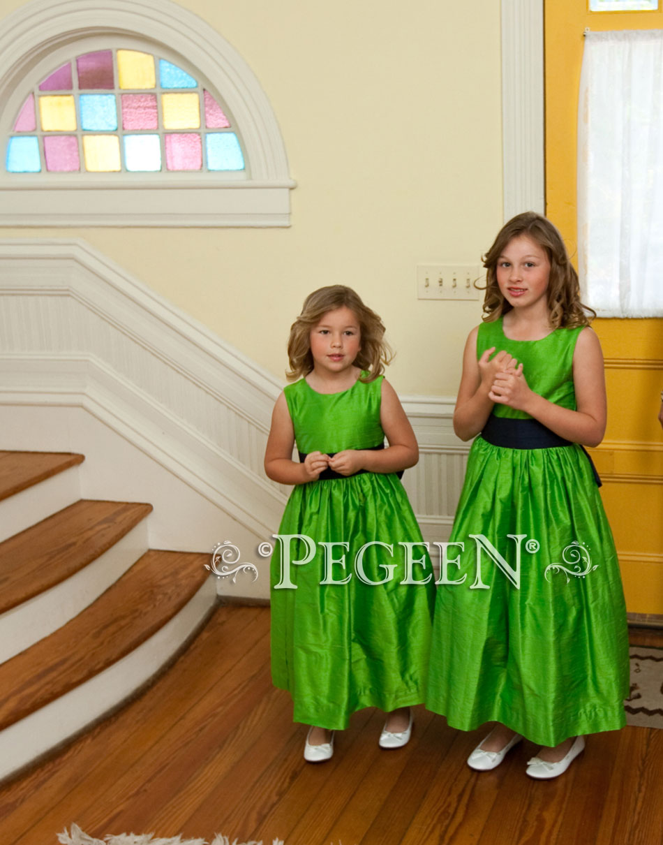 Key Lime and Midnight (green and navy) Silk flower girl dress