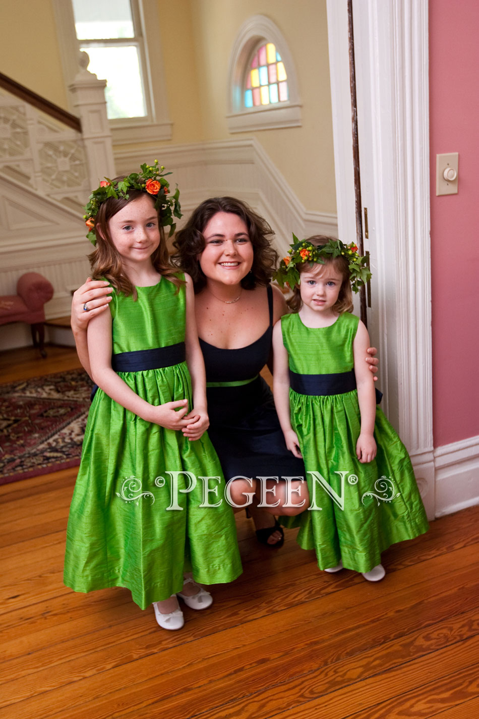 Key Lime and Midnight (green and navy) Silk flower girl dress