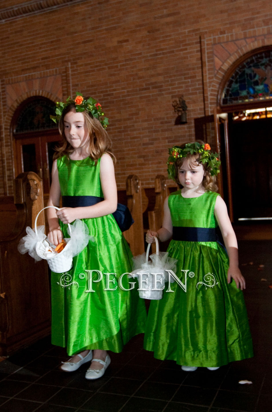 Key Lime and Midnight (green and navy) Silk flower girl dress