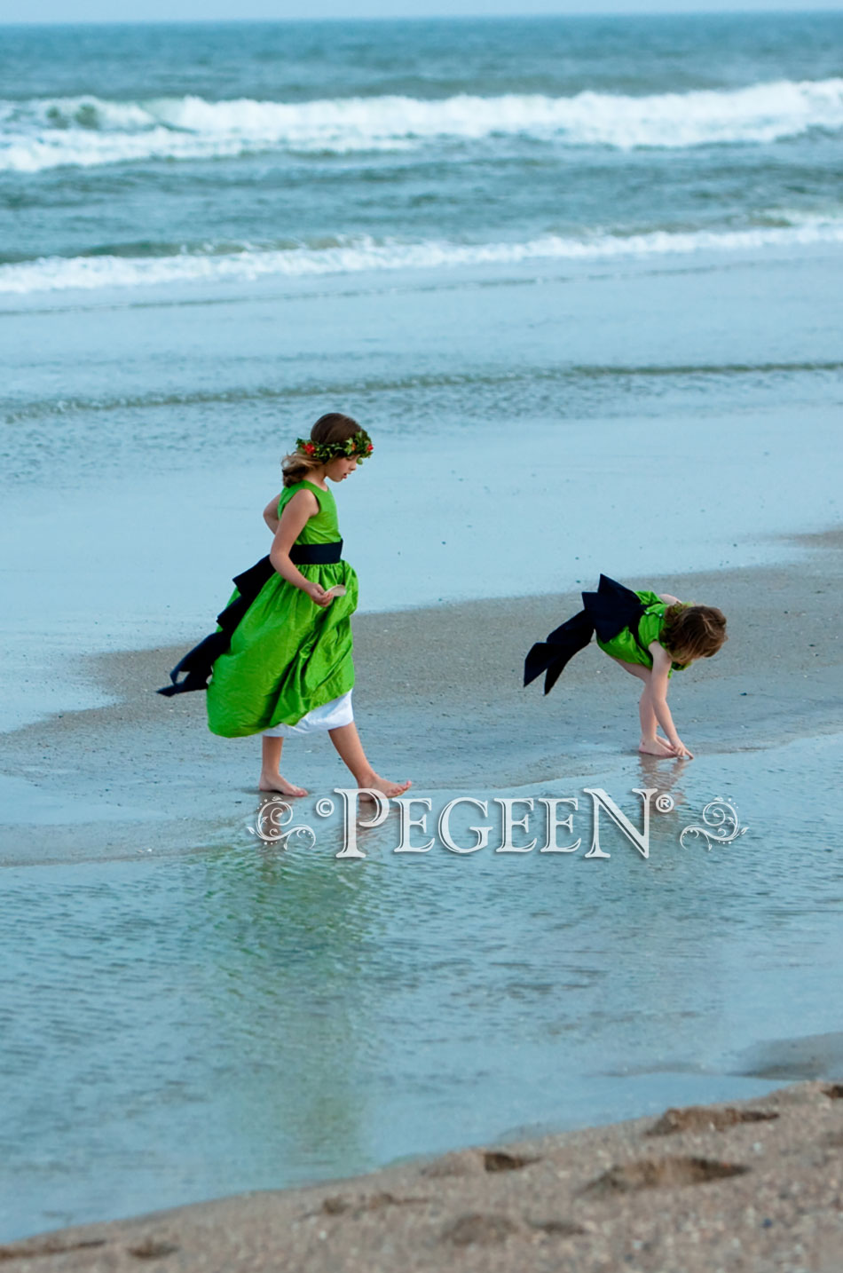 Key Lime and Midnight (green and navy) Silk flower girl dress