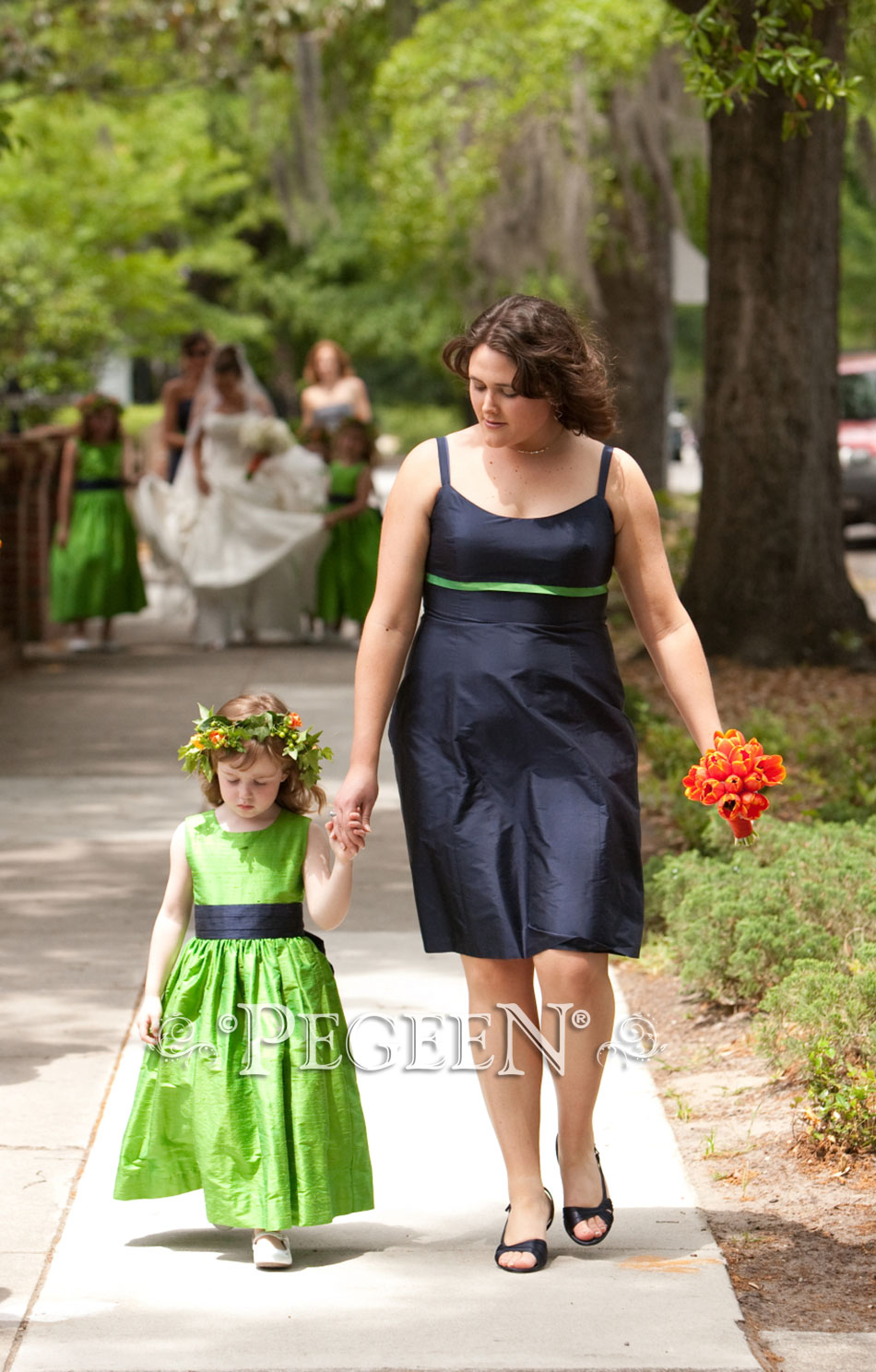 Key Lime and Midnight (green and navy) Silk flower girl dress