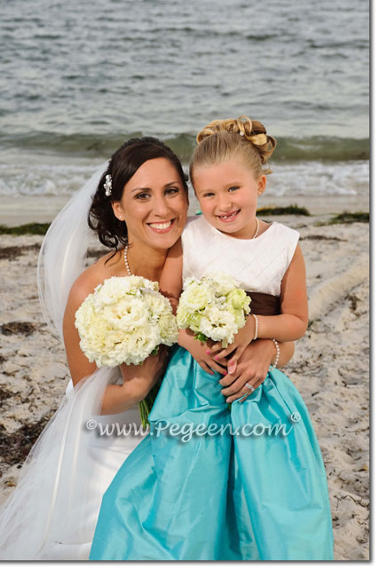 SEMI-SWEET (DARK BROWN) AND TIFFANY BLUE SILK FLOWER GIRL DRESSES WITH PIN TUCK BODICE