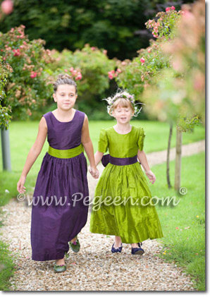  Grass Green and Concord Grape Silk Flower Girl Dresses