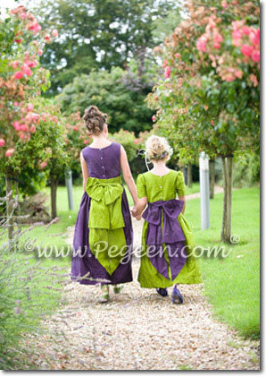  Grass Green and Concord Grape Silk Flower Girl Dresses