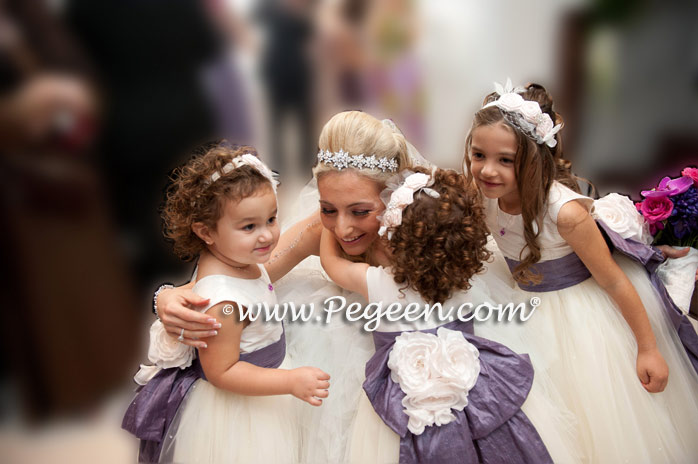 Flower Girl Dresses in New Ivory and Euro Lilac - Pegeen Couture Style 402 with Signature Bustle