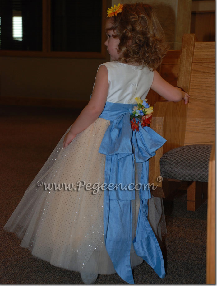 peach and silver metallic 10 layers of tulle flower girl dresses by pegeen