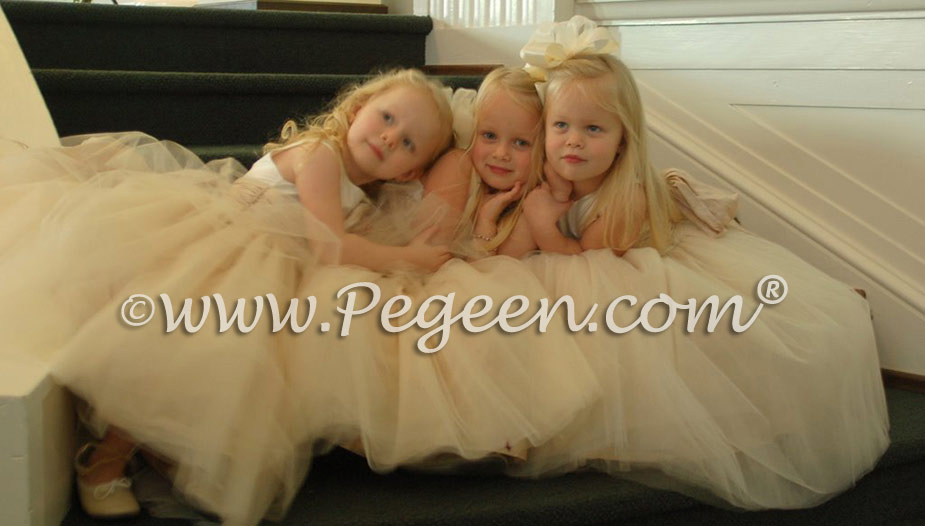 Bisque and New Ivory Silk and Tulle Flower Girl Dresses with Multi Color Tulle | Pegeen