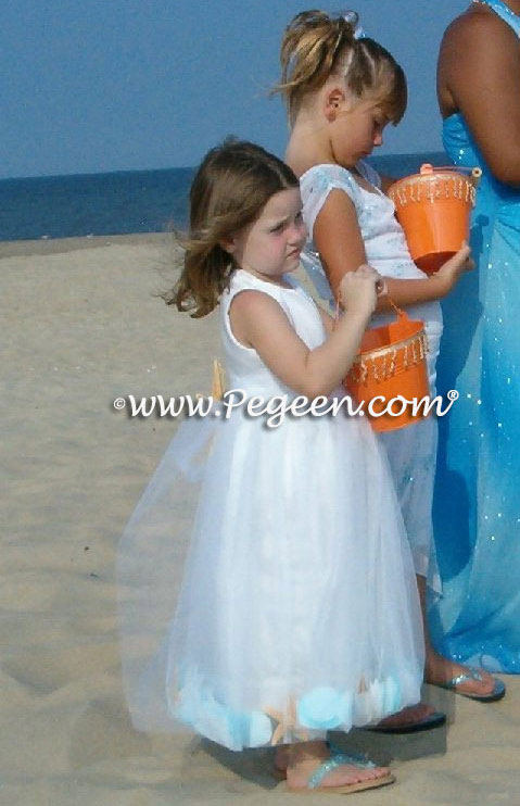 Pegeen style 333 Silk and tulle white flower girl dresses with shells and petals in skirt for beach wedding