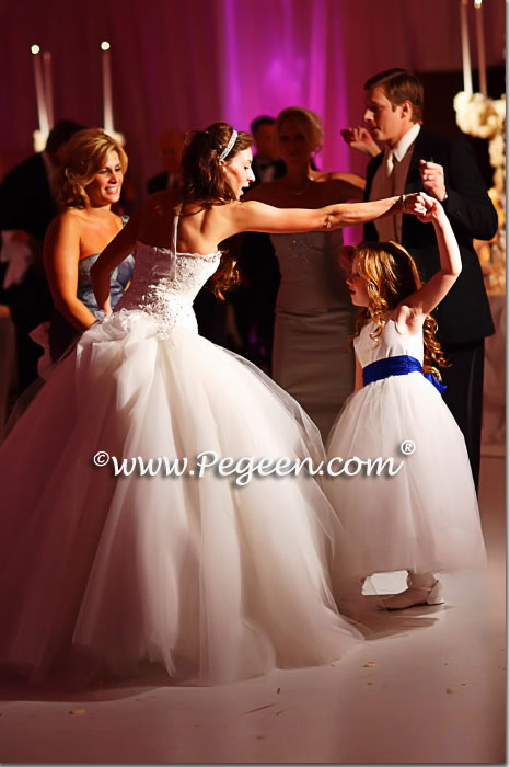 New Ivory and deep sapphire FLOWER GIRL DRESSES with 10 layers of tulle