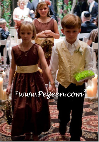 BROWN AND YELLOW SILK FLOWER GIRL DRESSES