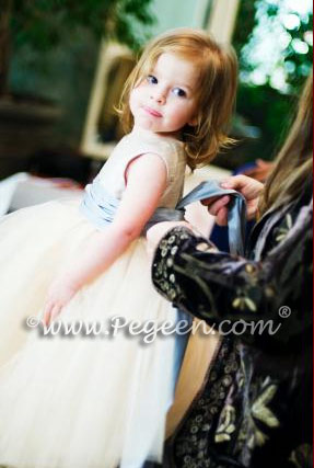Flower Girl Dresses in Multi Colored Silk Sashes and Champagne Tulle